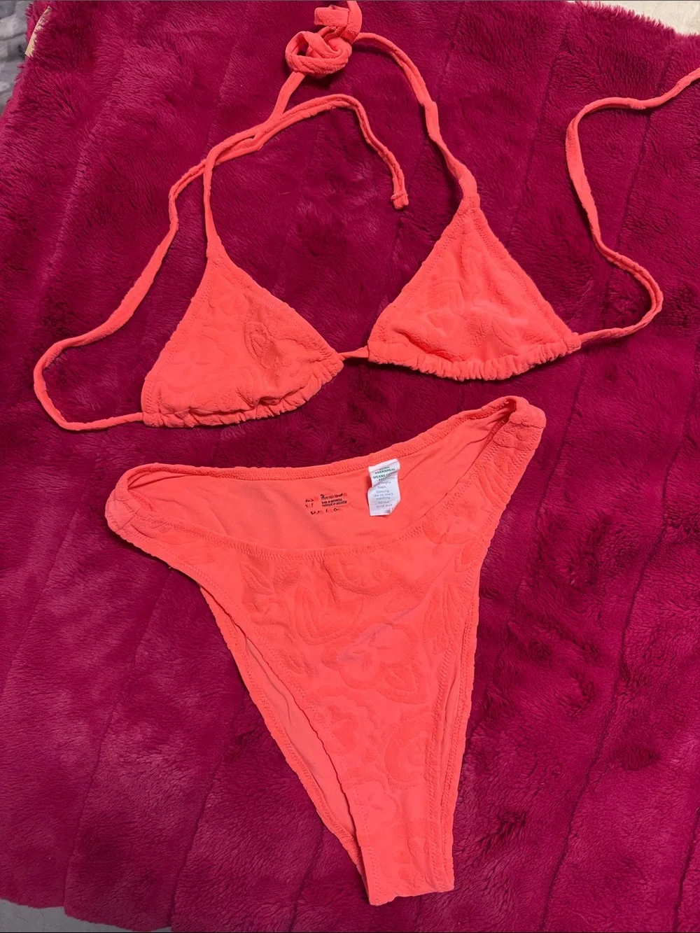 aerie Coral Textured Triangle Bikini Set